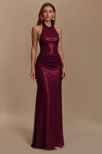 Sheath Burgundy Sequin Halter Long Holiday Dress